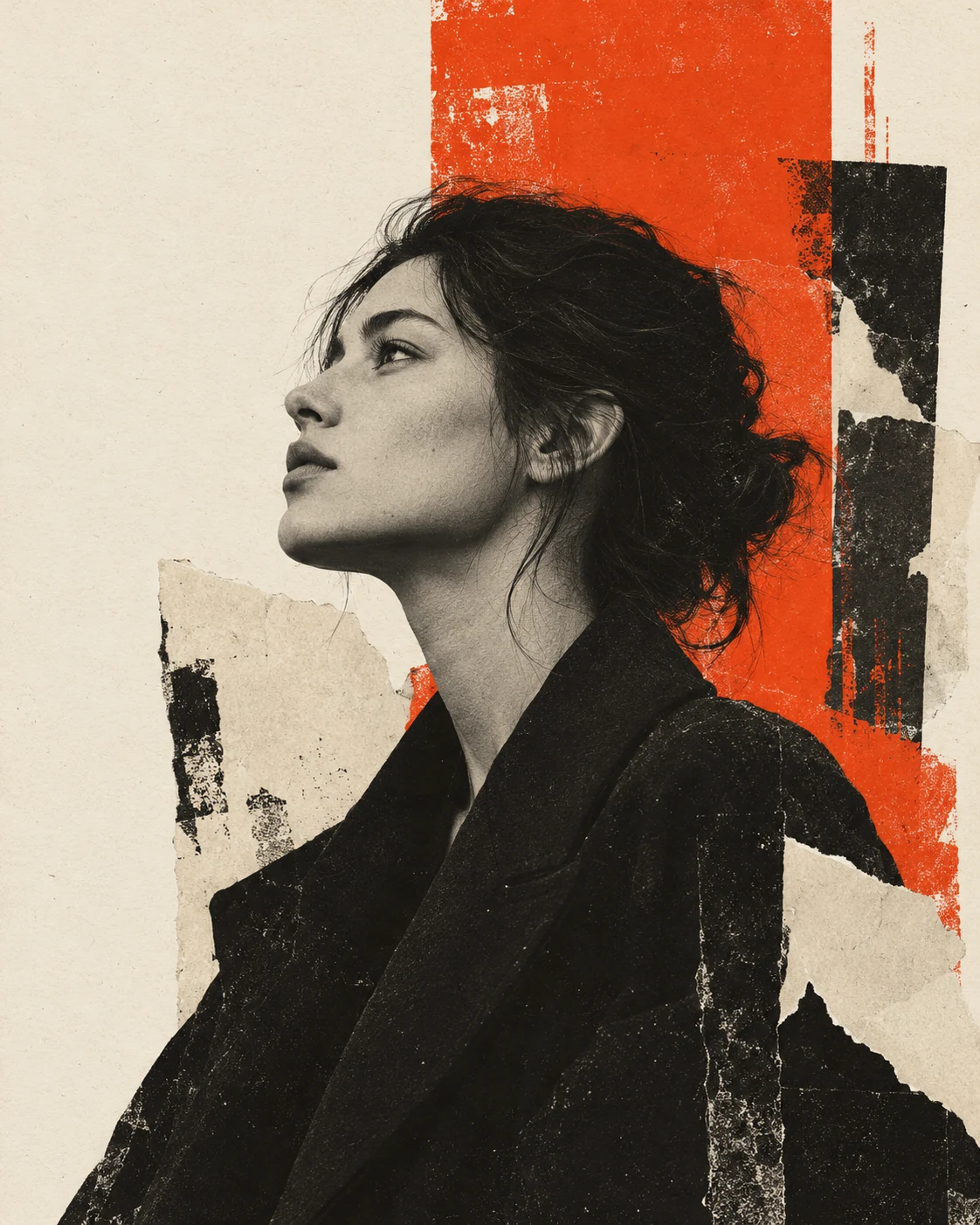 An editorial collage of a woman looking beyond the frame